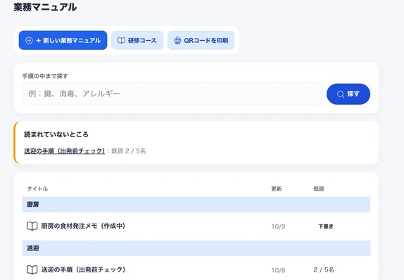 業務マニュアルの一覧画面